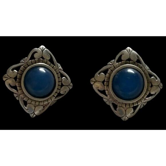 Jezlaine Square Blue Chalcedony Sterling Silver Post Stud Earrings Vintage - Picture 8 of 8